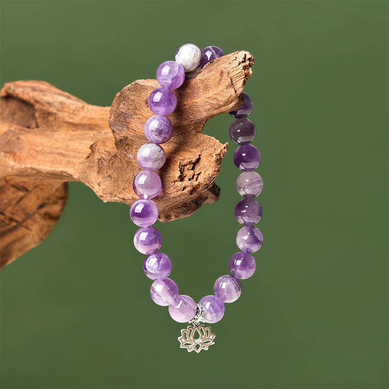 Buddhist Blessing 925 Sterling Silver Amethyst Lotus Design Natural Balance Bead Bracelet