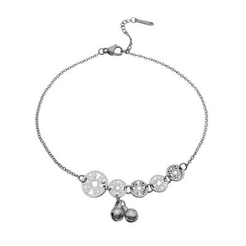 Buddhist Blessing Copper Coins Bell Charm Titanium Steel Strengthen Anklet