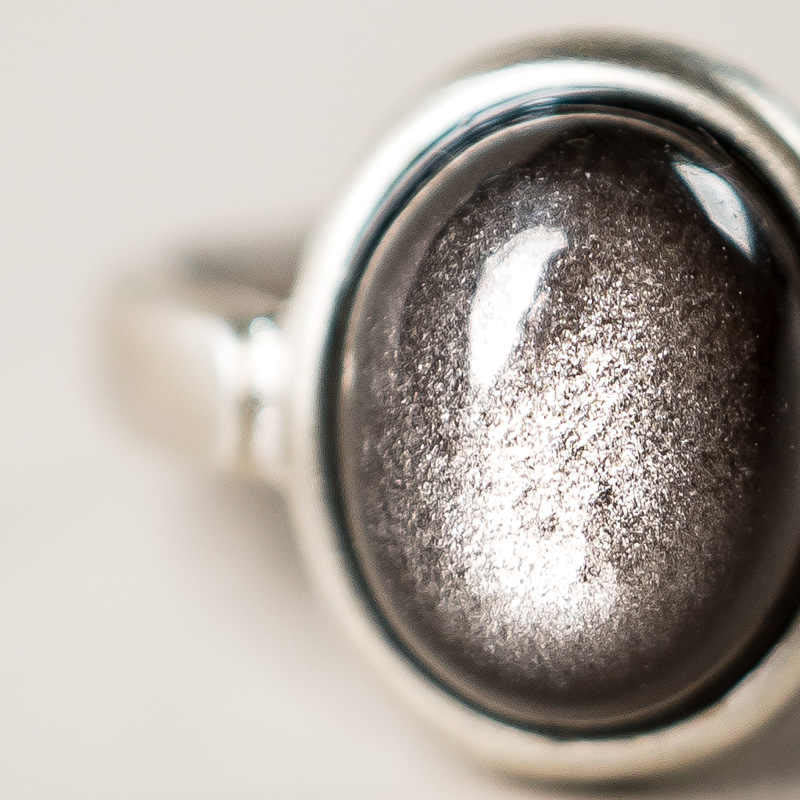 Buddhist Blessing Natural 925 Sterling Silver Silver Sheen Obsidian Adjustable Protection Ring
