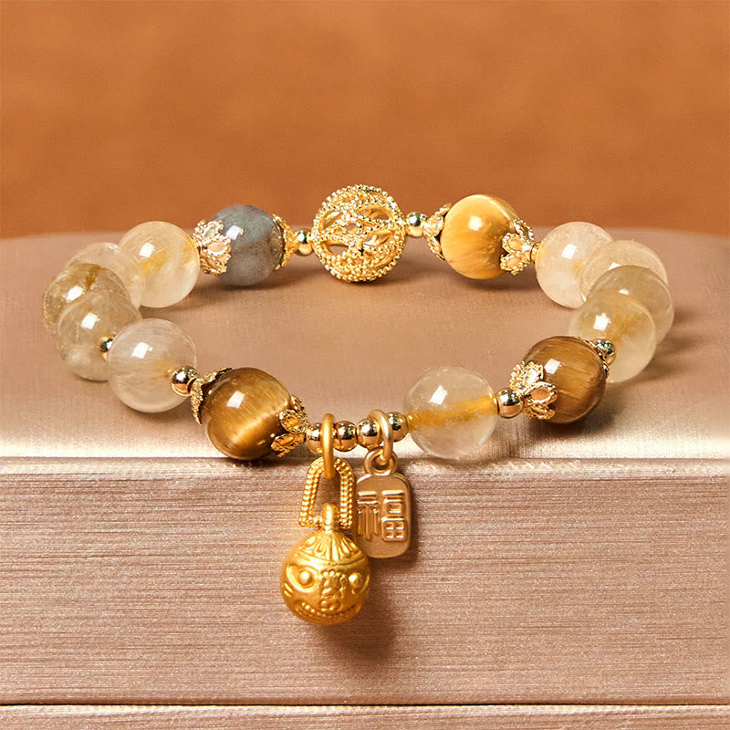 Buddhist Blessing Natural Rutilated Quartz Fu Character Metal Swallowing Beast Auspiciousness Bracelet