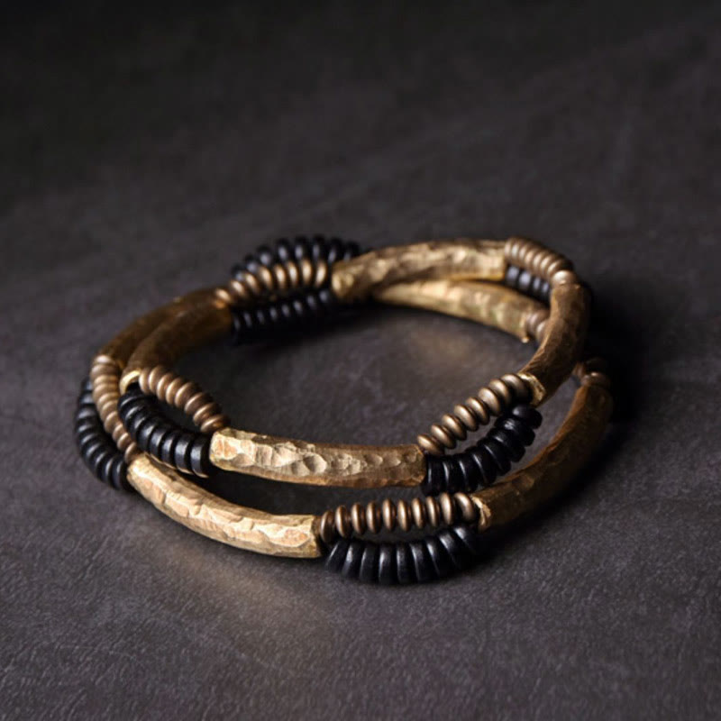 Buddhist Blessing Vintage Ebony Wood Copper Luck Wealth Handmade Bracelet