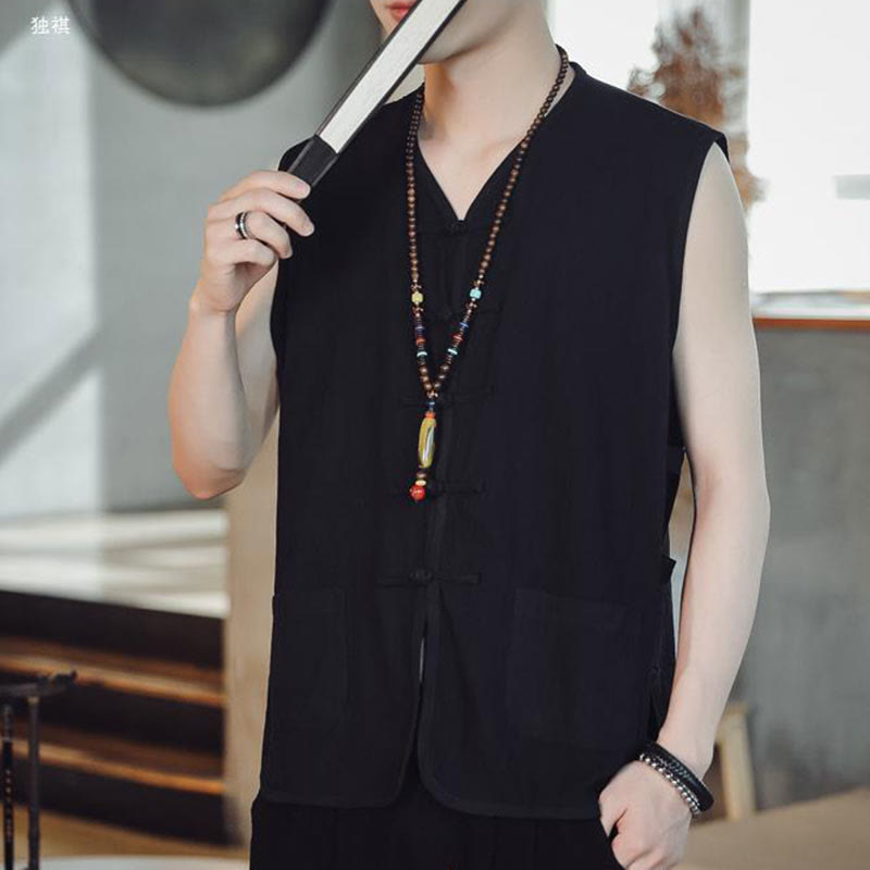 Buddhist Blessing Casual Chinese Frog-Button Men's Cotton Vest Waistcoat With Pockets