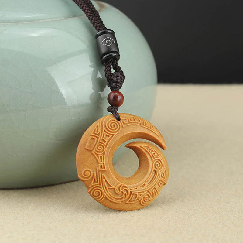 Buddhist Blessing Ebony Wood Sandalwood One's Luck Improves Design Pattern Peace Necklace Pendant