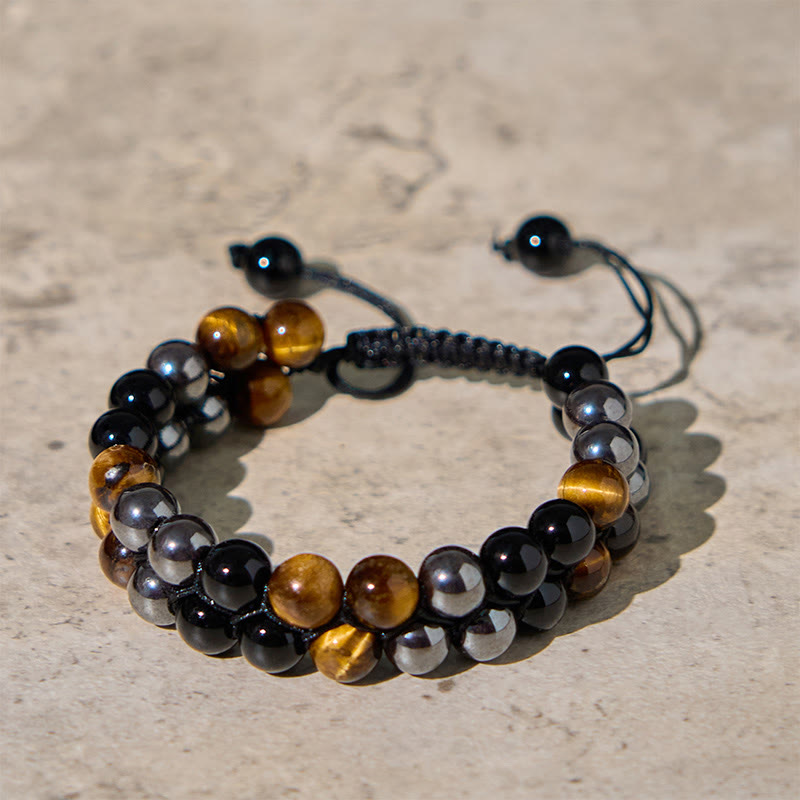Buddhist Blessing Natural Tiger Eye Black Magnetite Black Onyx Double Row Beads Protection Bracelet