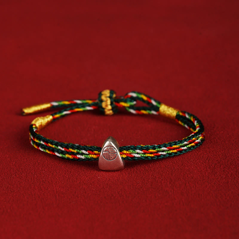 Buddhist Blessing 925 Sterling Silver Fu Character Luck Multicolored Rope Bracelet