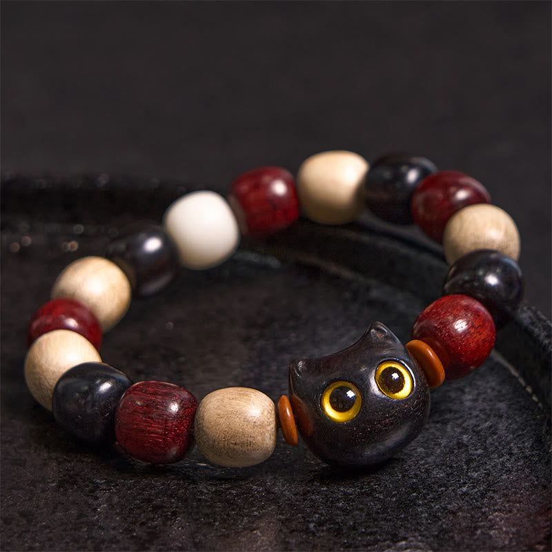 Buddhist Blessing Small Leaf Red Sandalwood Ebony Wood Cute Cat Engraved Protection Bracelet