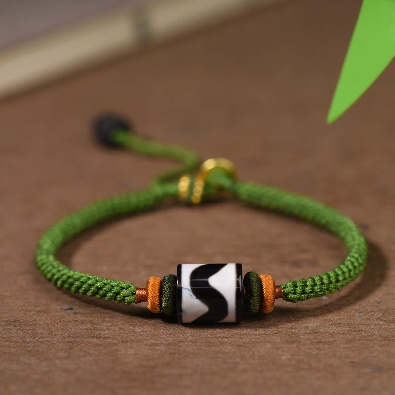Buddhist Blessing Handmade Tibetan Dzi Bead Protection Braided Green Rope Bracelet