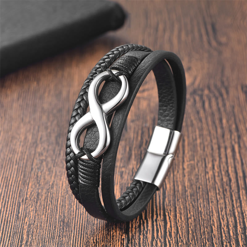 Buddhist Blessing Eternal Endless Knot Infinity Symbol Titanium Steel Calm Leather Buckle Bracelet