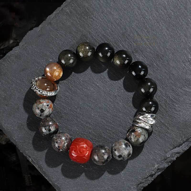 Buddhist Blessing Gold Sheen Obsidian Lava Rock Red Agate Protection Bracelet