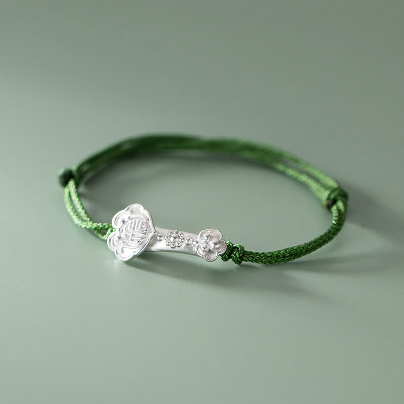 Buddhist Blessing Handmade 999 Sterling Silver Fu Character Wish Ruyi Handle Luck Braided Green Rope Bracelet