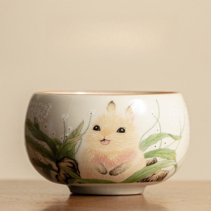 Buddhist Blessing Cute Cat Yellow Flowers Rabbit Teacup Kung Fu Tea Cup