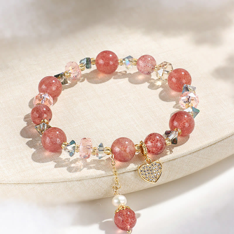 Buddhist Blessing Strawberry Quartz White Crystal Pearl Liuli Heart Healing Bracelet