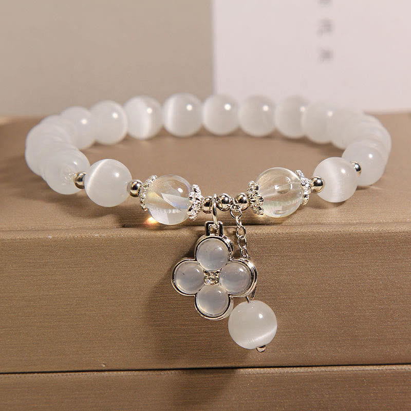 Buddhist Blessing Cat's Eye Crystal Lucky Four Leaf Clover Charm Love Bracelet