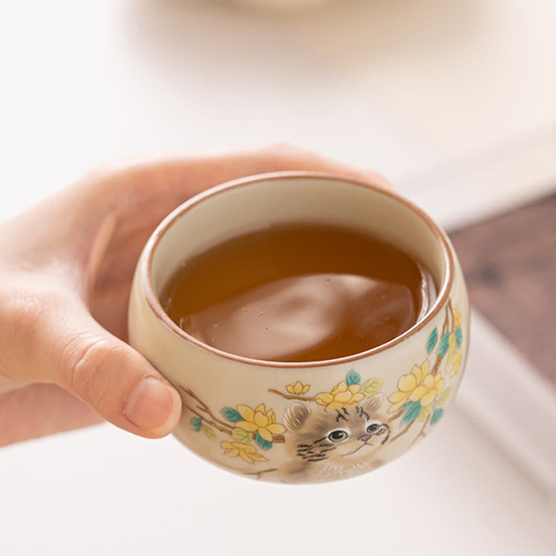 Buddhist Blessing Cute Cat Yellow Flowers Rabbit Teacup Kung Fu Tea Cup