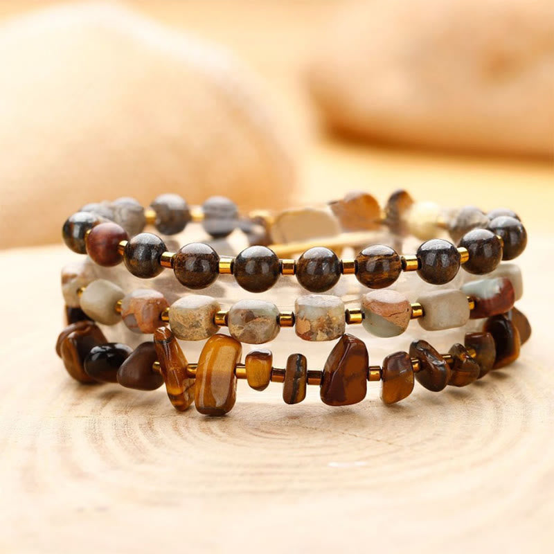 Buddhist Blessing Bronzite Emperor Stone Tiger Eye Determination Triple Wrap Bracelet