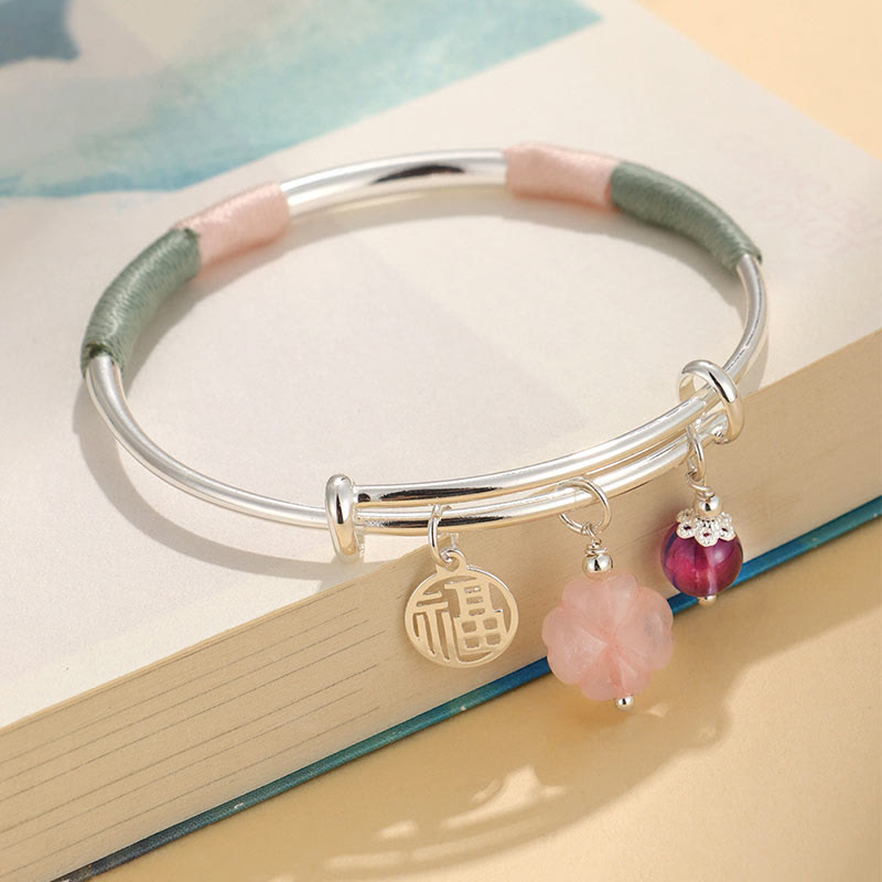 Buddhist Blessing Pink Crystal Peace Buckle Lucky Flower Love Bracelet Bangle