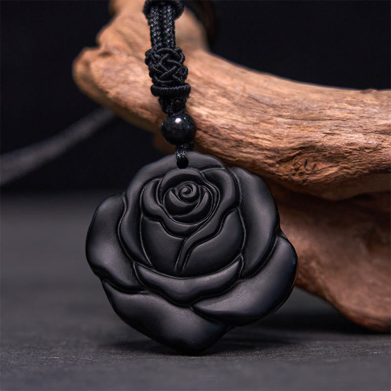 Buddhist Blessing Black Obsidian String Black Rose Purification Necklace Pendant