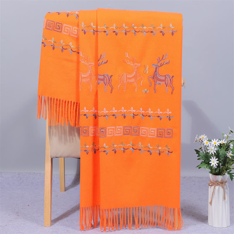 Buddhist Blessing Rayon Fabric Shawl Sika Deer Embroidery Tassel Winter Cozy Travel Scarf Wrap