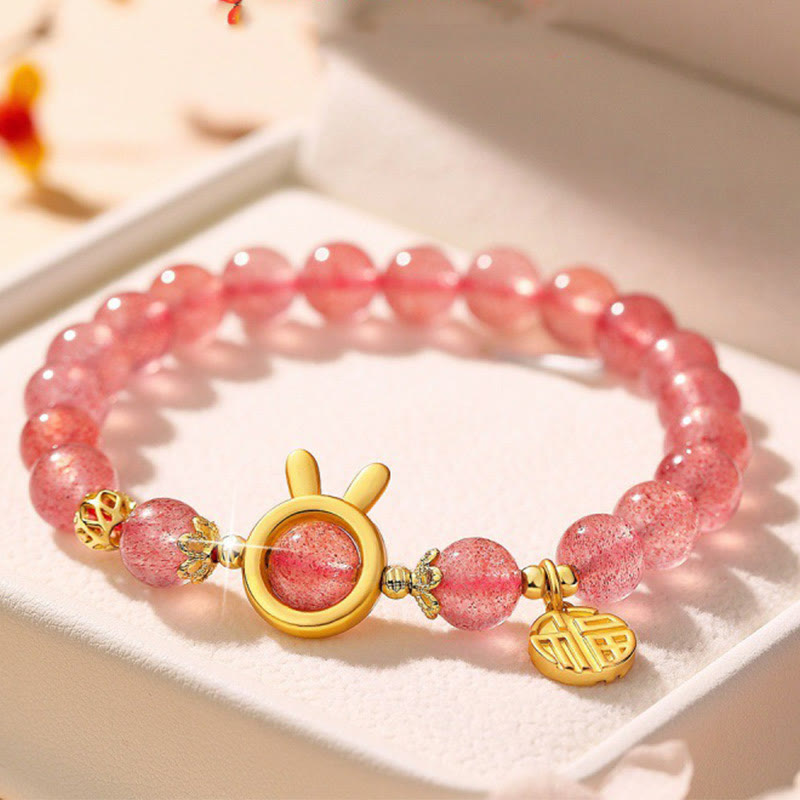 Buddhist Blessing Natural Strawberry Quartz Rabbit Fu Character Charm Love Bracelet