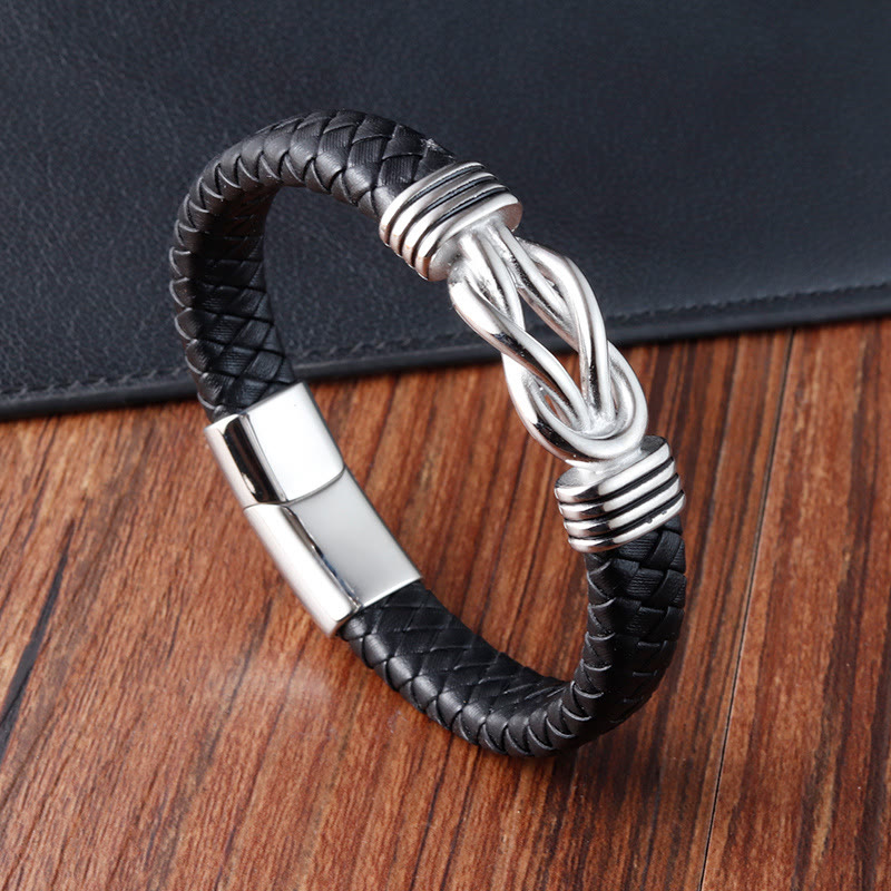 Buddhist Blessing Endless Knot Pattern Titanium Steel Balance Leather Buckle Bracelet