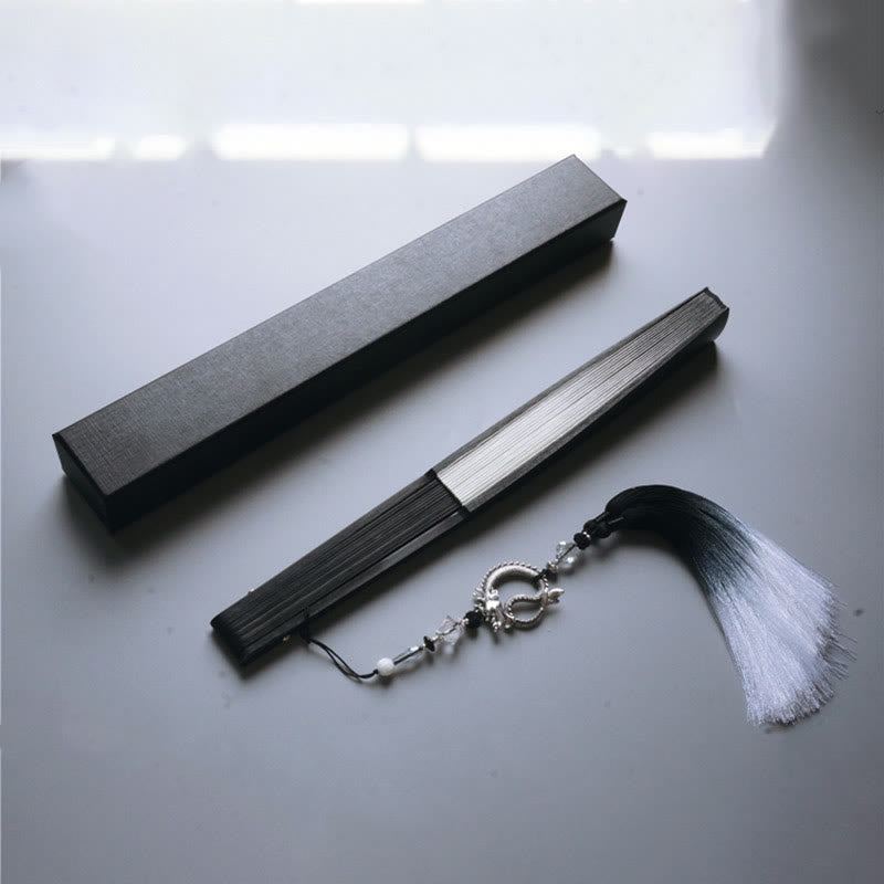 Buddhist Blessing Black White Ink Gradient Rice Paper Handheld Bamboo Folding Fan