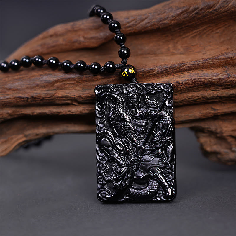 Buddhist Blessing Black Obsidian Guan Gong Amulet Engraved Strength Necklace Pendant
