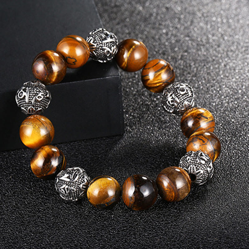 Buddhist Blessing Natural Lava Rock Tiger Eye Titanium Steel Six-True-Words Om Mani Padme Hum Healing Bracelet