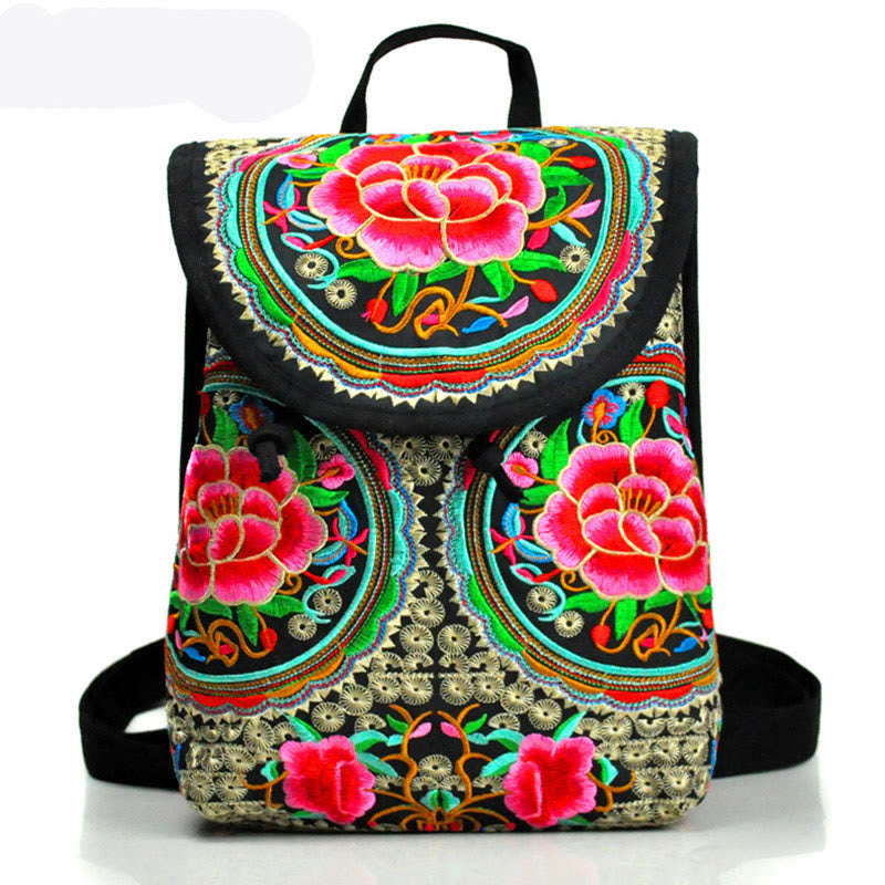 Buddhist Blessing Peony Chinese Money Tree Embroidery Canvas Backpack