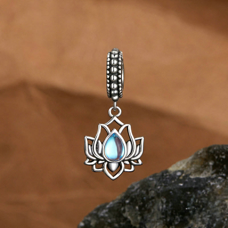 Buddhist Blessing 925 Sterling Silver Lotus Design Moonstone Healing Necklace Pendant