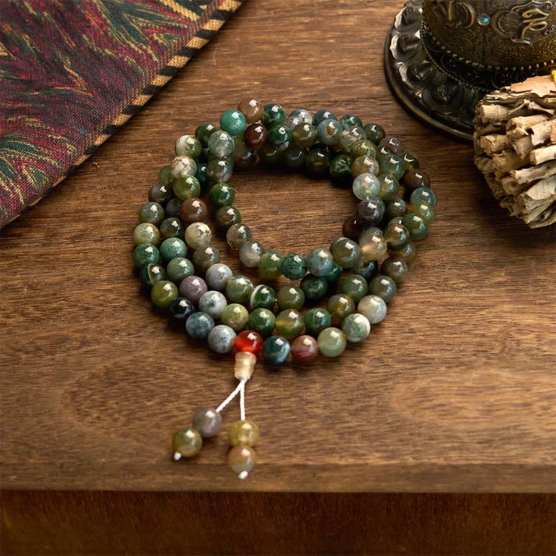 Buddhist Blessing 108 Mala Beads Natural Stone Moss Agate Multi-turn Healing Bracelet