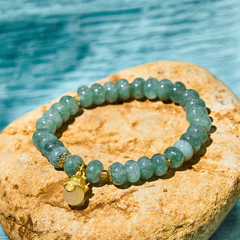 Buddhist Blessing Strawberry Quartz Cyan Jade Lucky Cat Beads Healing Bracelet