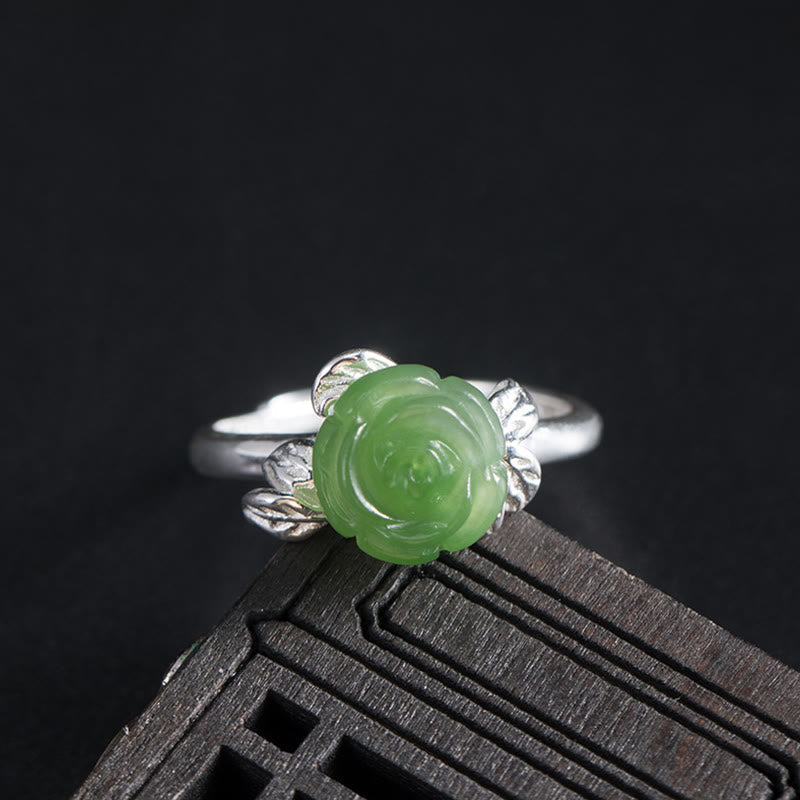 Buddhist Blessing 925 Sterling Silver Jade Green Rose Luck Adjustable Ring
