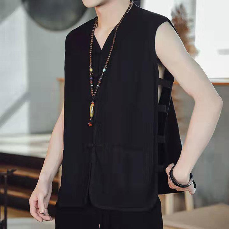 Buddhist Blessing Casual Chinese Frog-Button Men's Cotton Vest Waistcoat With Pockets