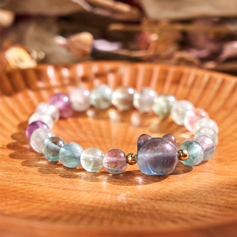 Buddhist Blessing Amethyst Green Aventurine Rose Quartz Fluorite Cat Head Balance Luck Bracelet
