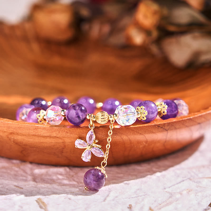 Buddhist Blessing Natural Amethyst Crystal Spiritual Butterfly Charm Bracelet