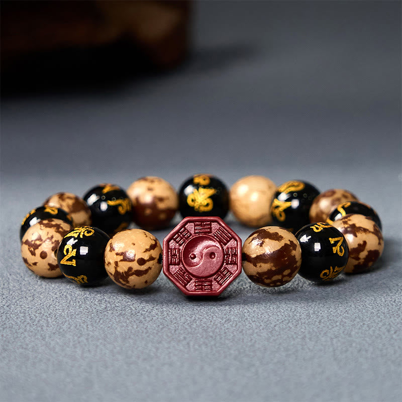 Buddhist Blessing Bodhi Seed Om Mani Padme Hum Bagua Yin Yang Cinnabar Carved Calm Bracelet