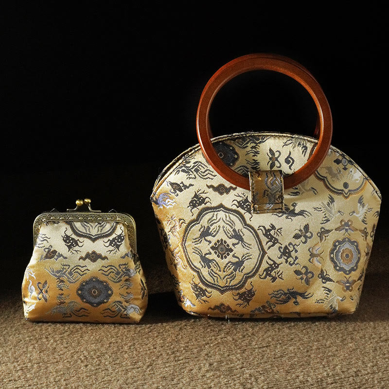 Buddhist Blessing Crane Deer Seawater Wave Wood Handle Metal Chain Change Purse Crossbody Bag Hangbags