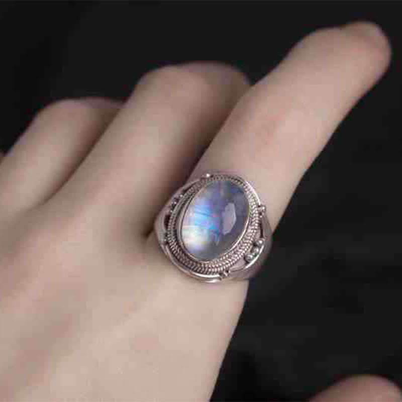 Buddhist Blessing 925 Sterling Silver Handmade Natural Moonstone Healing Adjustable Ring