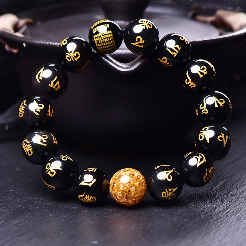 Buddhist Blessing Six True Words Om Mani Padme Hum Rainbow Obsidian Gold Foil Creativity Bracelet