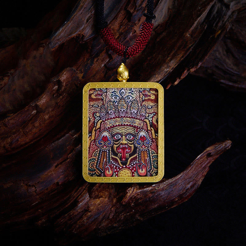 Buddhist Blessing Tibetan Zakiram Nine Tailed Fox Yellow God of Wealth Painted Thangka Hope Necklace Pendant