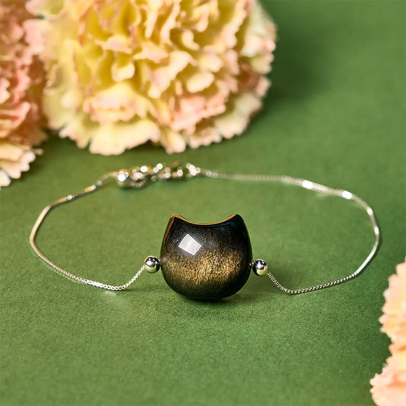 Buddhist Blessing 925 Sterling Silver Silver Sheen Obsidian Gold Sheen Obsidian Cat Soothing Bracelet