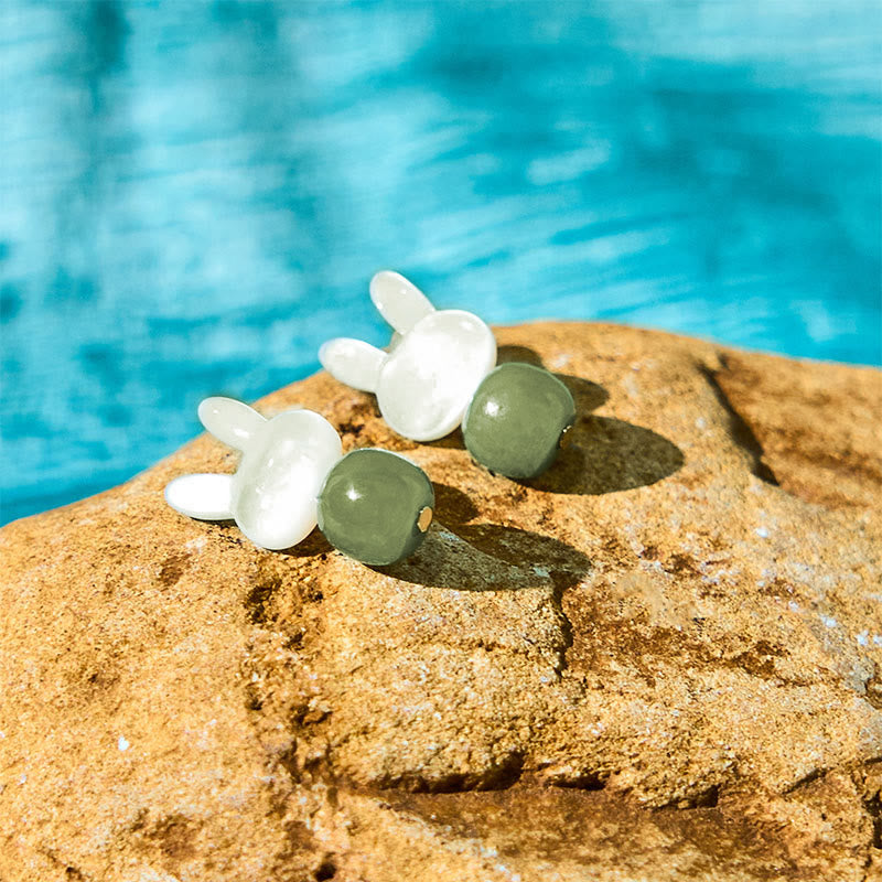 Buddhist Blessing Tridacna Stone Cute Rabbit Hetian Jade Luck Earrings