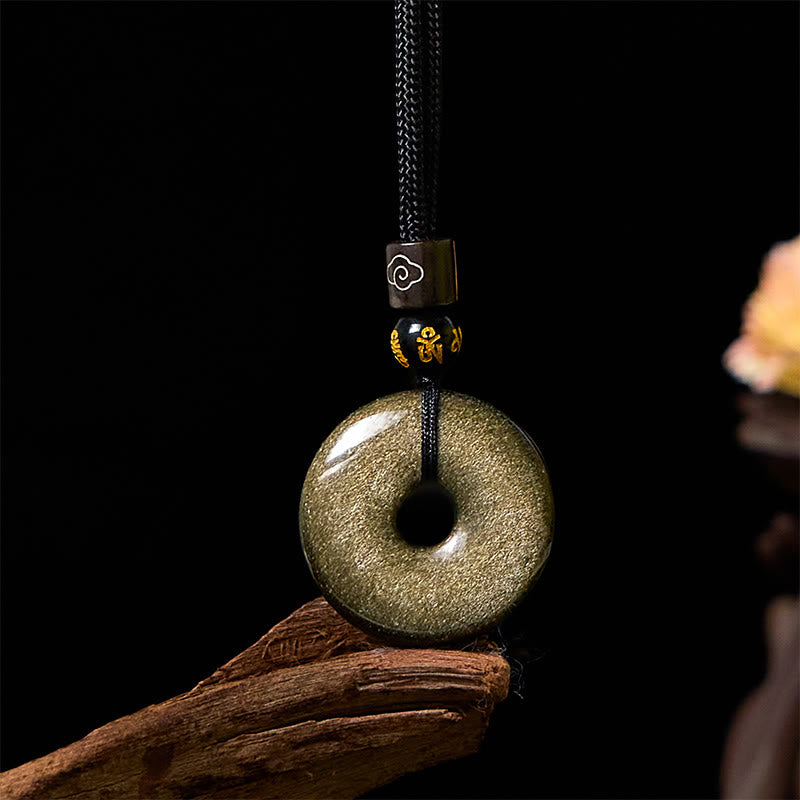 Buddhist Blessing Natural Gold Sheen Obsidian Peace Buckle Strengthen Necklace Pendant