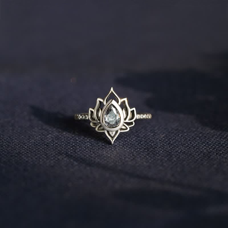 Buddhist Blessing 925 Sterling Silver Lotus Zircon Blessing Protection Ring