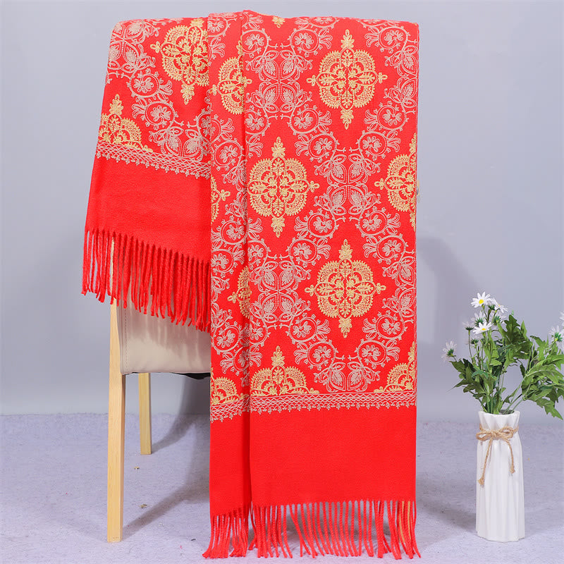 Buddhist Blessing Polyester Shawl Symmetry Gold Filigree Embroidery Tassel Winter Cozy Travel Scarf Wrap