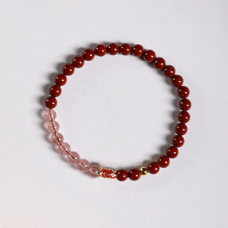 Buddhist Blessing Natural Cinnabar Pink Crystal Strawberry Quartz Lucky Koi Fish Blessing Bracelet