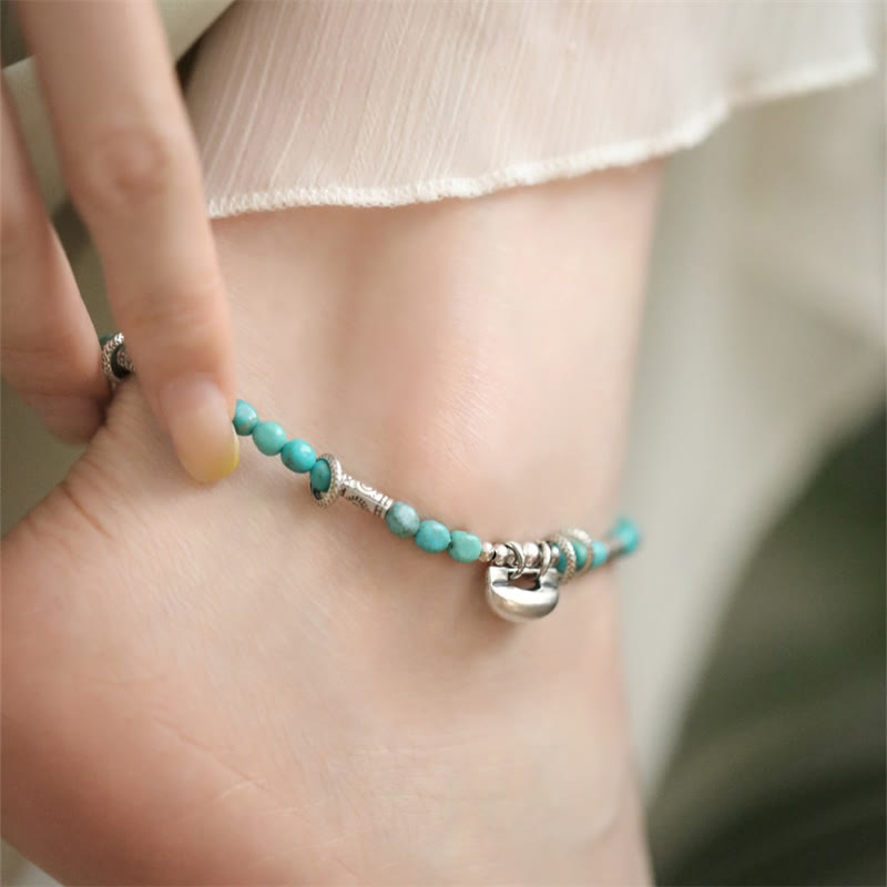 Buddhist Blessing 925 Sterling Silver Turquoise Small Beads Chinese Lock Charm Strength Anklet