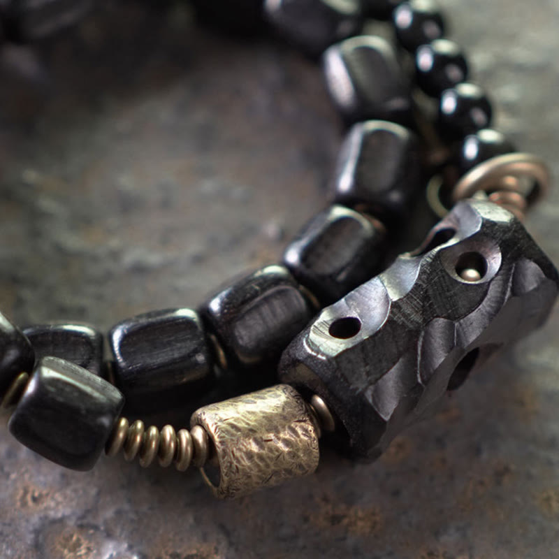 Buddhist Blessing Ebony Wood Black Obsidian Copper Brass Peace Double Wrap Bracelet