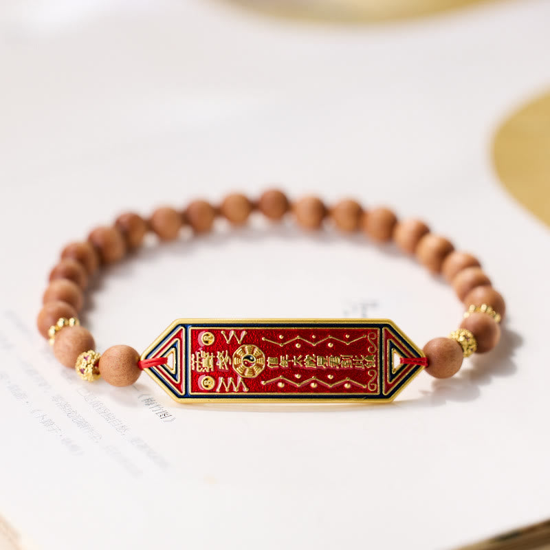 Buddhist Blessing Sandalwood Wood Bead Gold Plated Copper Bagua Yin Yang Chinese Character Harmony Bracelet