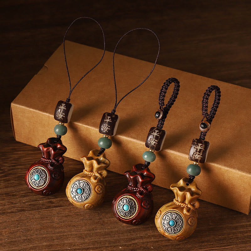 Buddhist Blessing Small Leaf Red Sandalwood Green Sandalwood Money Bag Om Mani Padme Hum Rotatable Protection Hanging Decoration